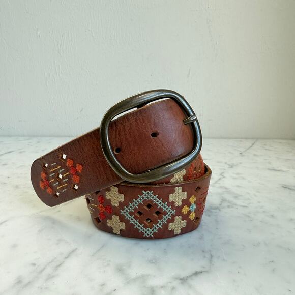 Fossil Brown Leather Cross Stitch Belt Small 39" Boho Western Embroidered - Picture 1 of 9